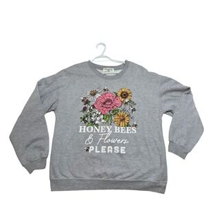 Wound Up Honey Bees & Flowers Please Sweatshirt Grey XL Save The Bees Graphic